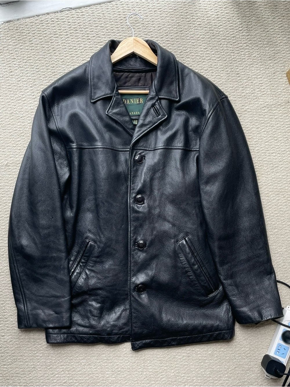 Danier Black Leather Button-Front Bomber Jacket